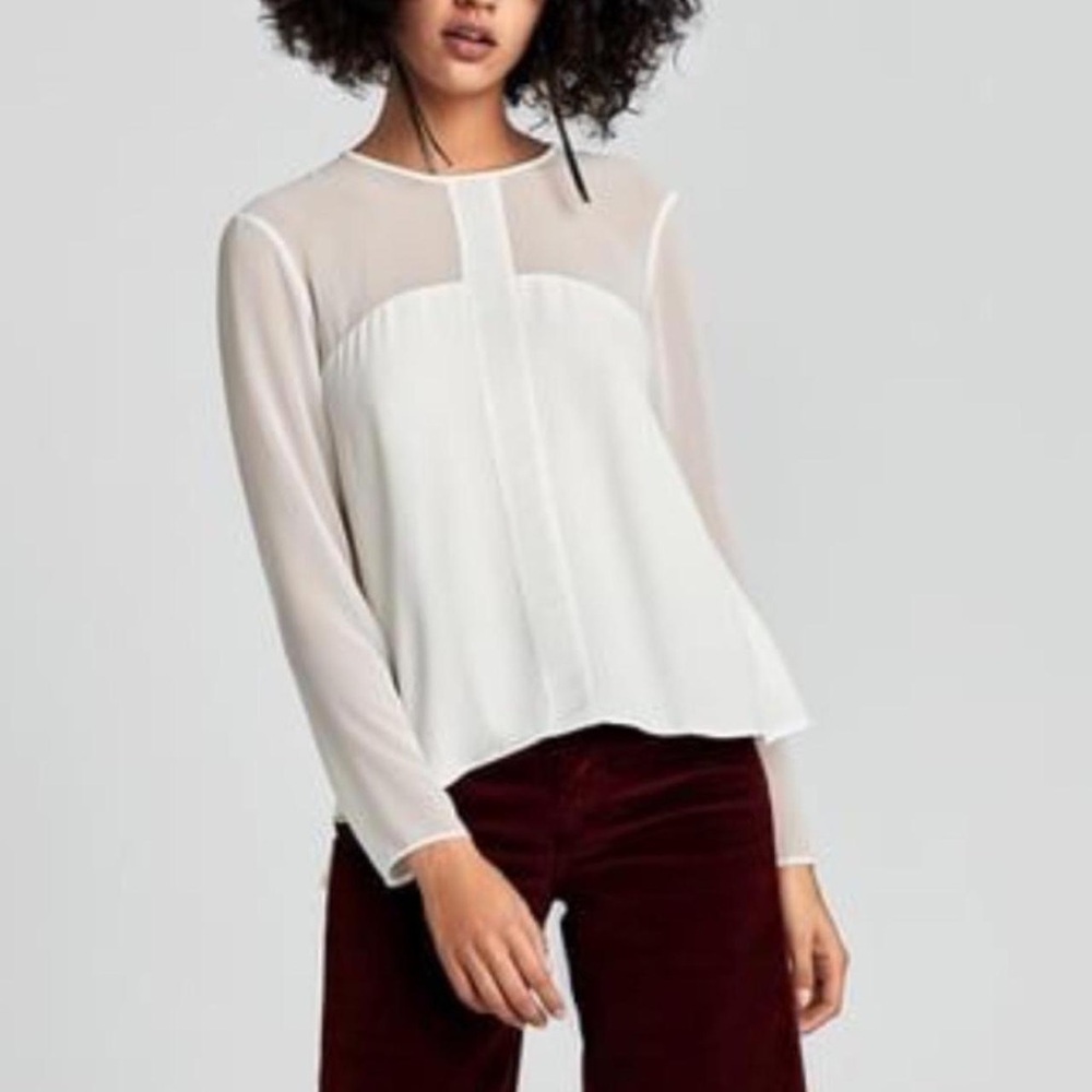 Zara White illusion sheer neck Blouse
